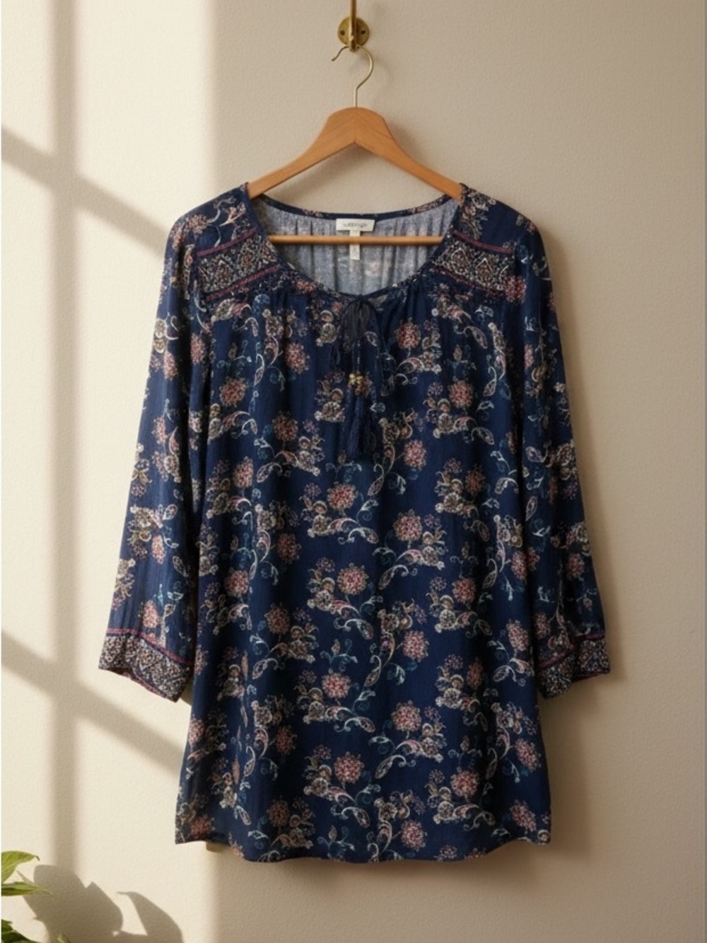 Angie Boho Navy Blue Floral Tie-Neck Tunic Mini Dress Size L